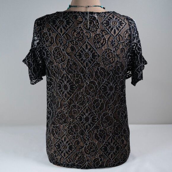 LOFT Black Floral Sheer Lace Black Cold Shoulder Top - Picture 6 of 10